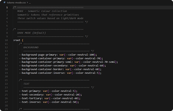 Semantic tokens exported as CSS variables