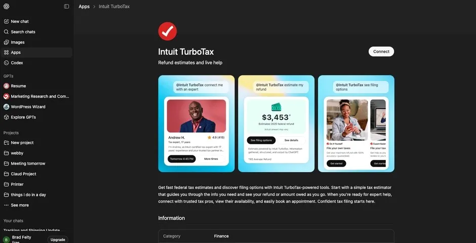TurboTax connector listing in ChatGPT