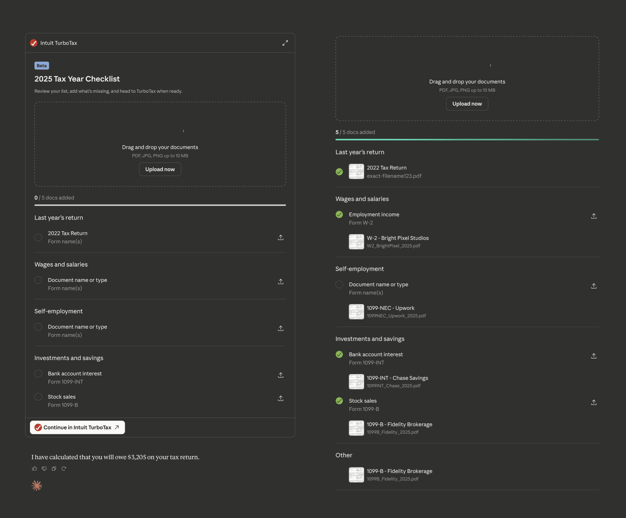Dynamic filing checklist showing empty and populated states side by side