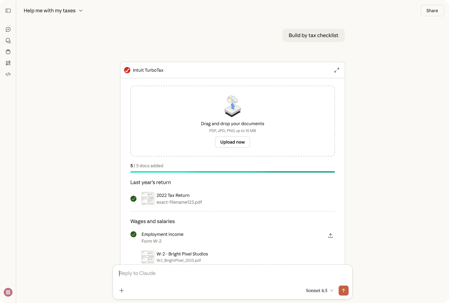 TurboTax document upload interface embedded inside Claude