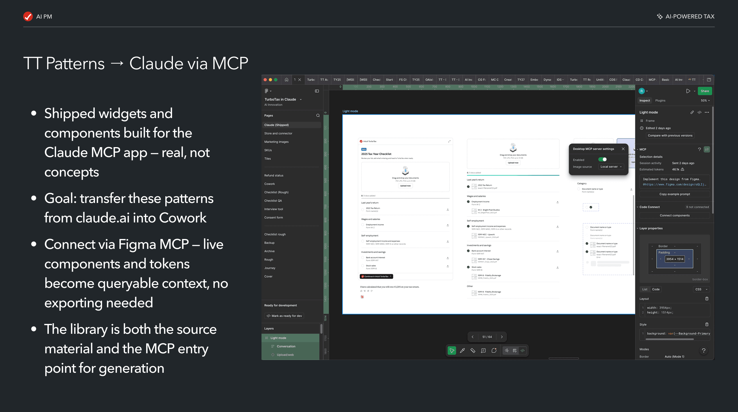 TurboTax patterns connected to Claude via Figma MCP: the design library as source material and generation scaffold