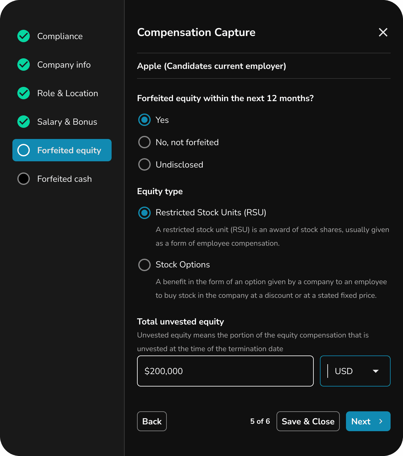 Compensation capture: one structured modal per data type, with inline validation