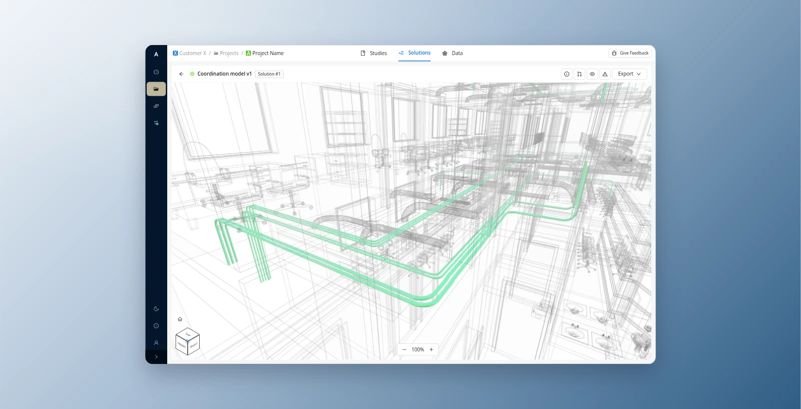 Augmenta's coordination model viewer, with a routed pipework solution traced in green through a wireframe building model.