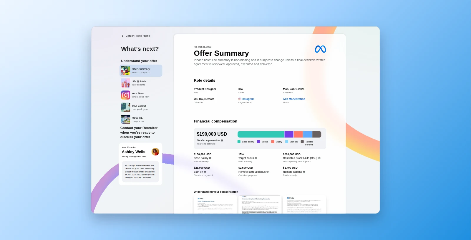 Meta's candidate offer summary, listing role details beside a total compensation figure broken into salary, bonus, equity and sign-on.