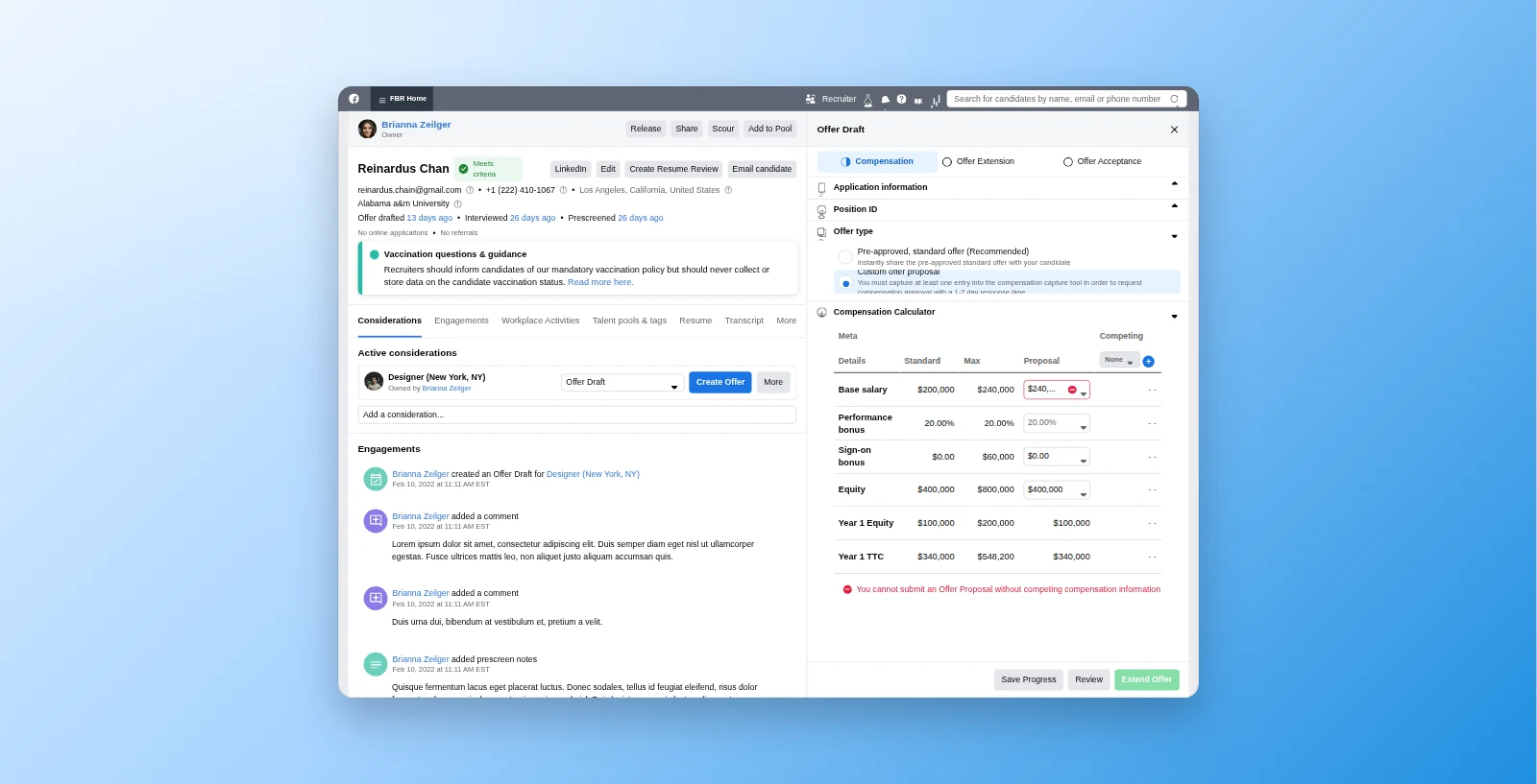 Meta's recruiter offer draft, with a candidate's profile and engagement history beside a calculator comparing standard, maximum and proposed compensation.