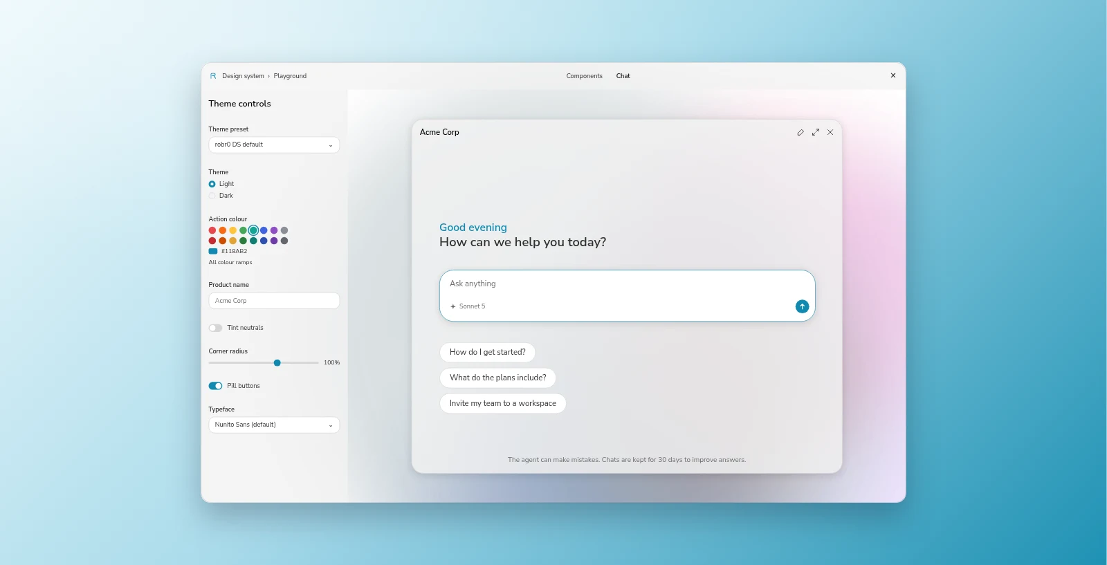 This site's playground, with theme controls for action colour, corner radius and typeface down the left of a live chat preview.