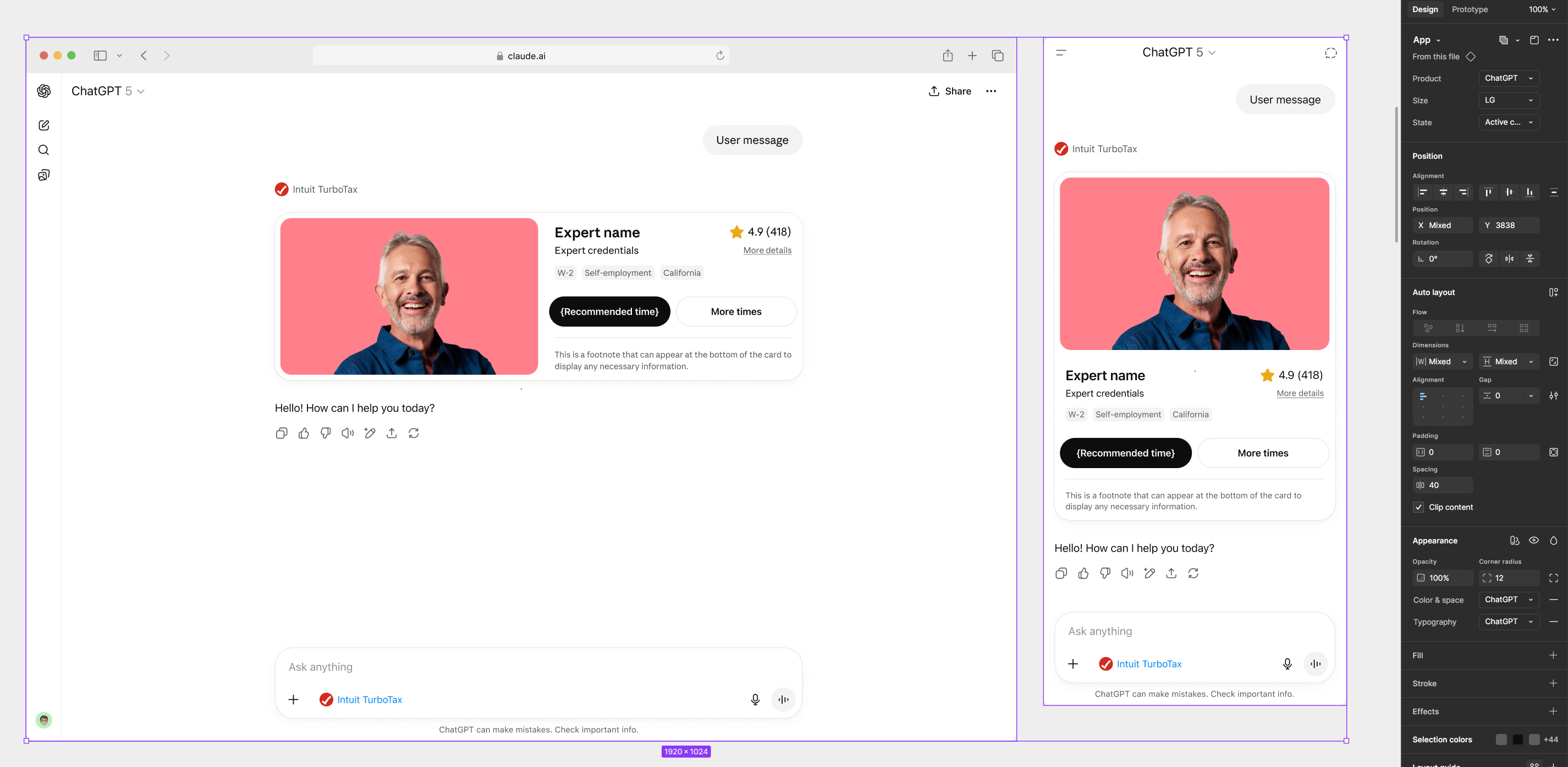 Figma component combining ChatGPT and Claude platform patterns — a single component set that adapts to both platforms simultaneously